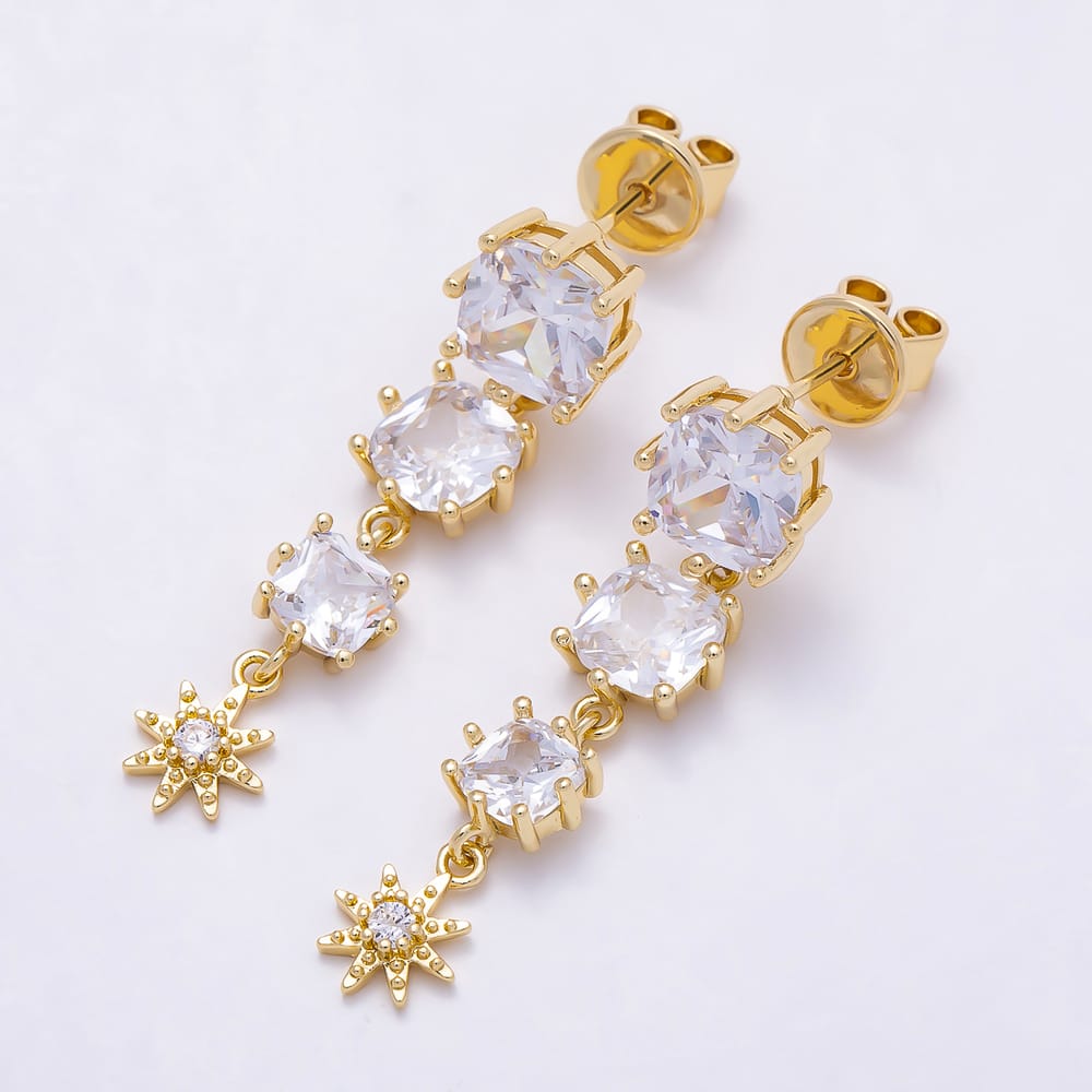 16K Gold Filled 35mm Clear CZ Square Sun Celestial Drop Stud Earrings in Gold & Silver | Earrings-01055 Earrings-01056