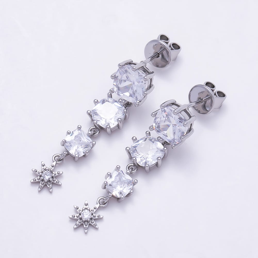 16K Gold Filled 35mm Clear CZ Square Sun Celestial Drop Stud Earrings in Gold & Silver | Earrings-01055 Earrings-01056