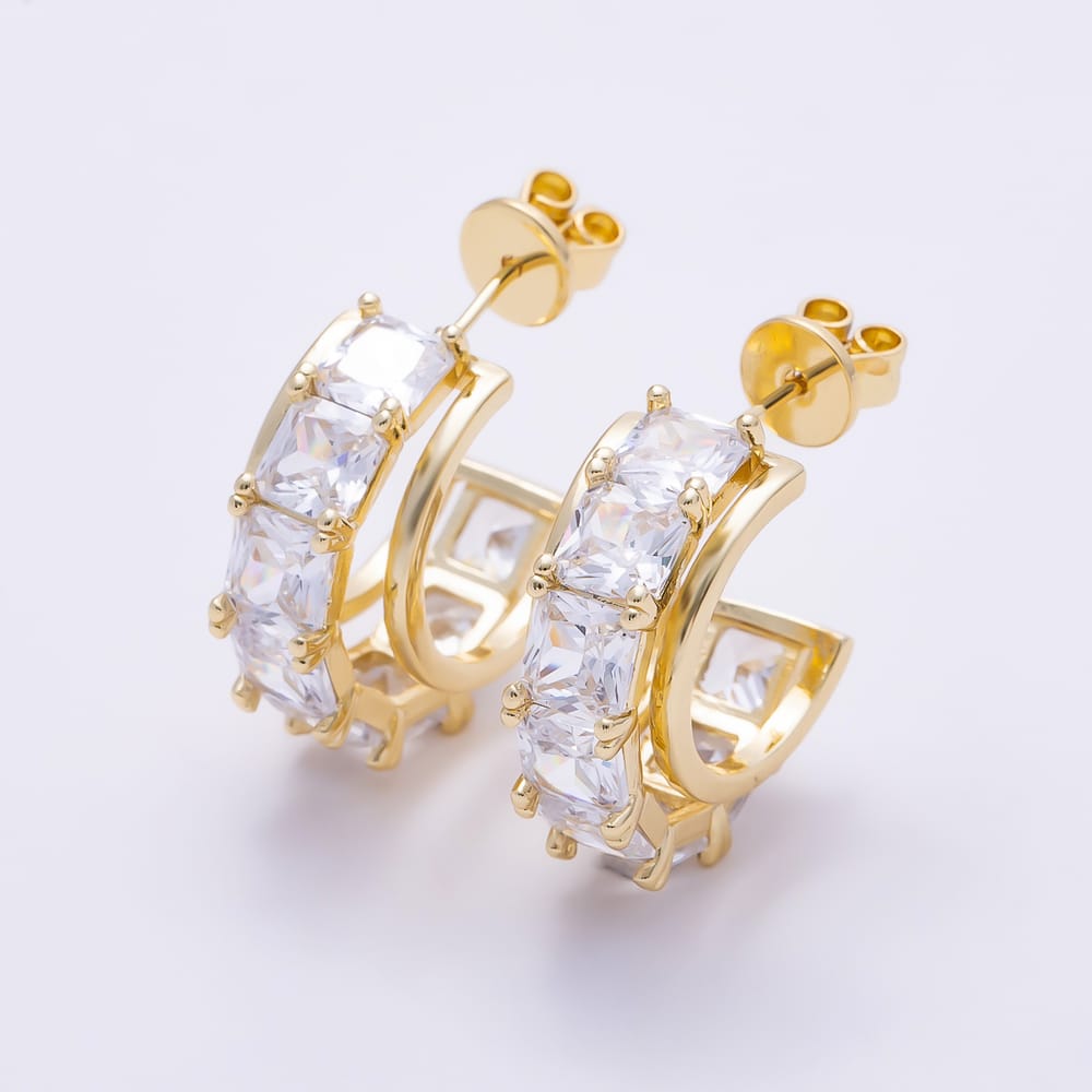 16K Gold Filled 28mm Radiant Cut Clear CZ C Hoop Earrings | Earrings-01057 - Earrings-01058
