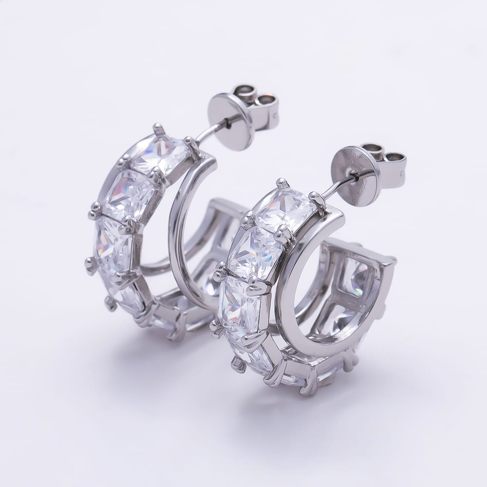 16K Gold Filled 28mm Radiant Cut Clear CZ C Hoop Earrings | Earrings-01057 - Earrings-01058