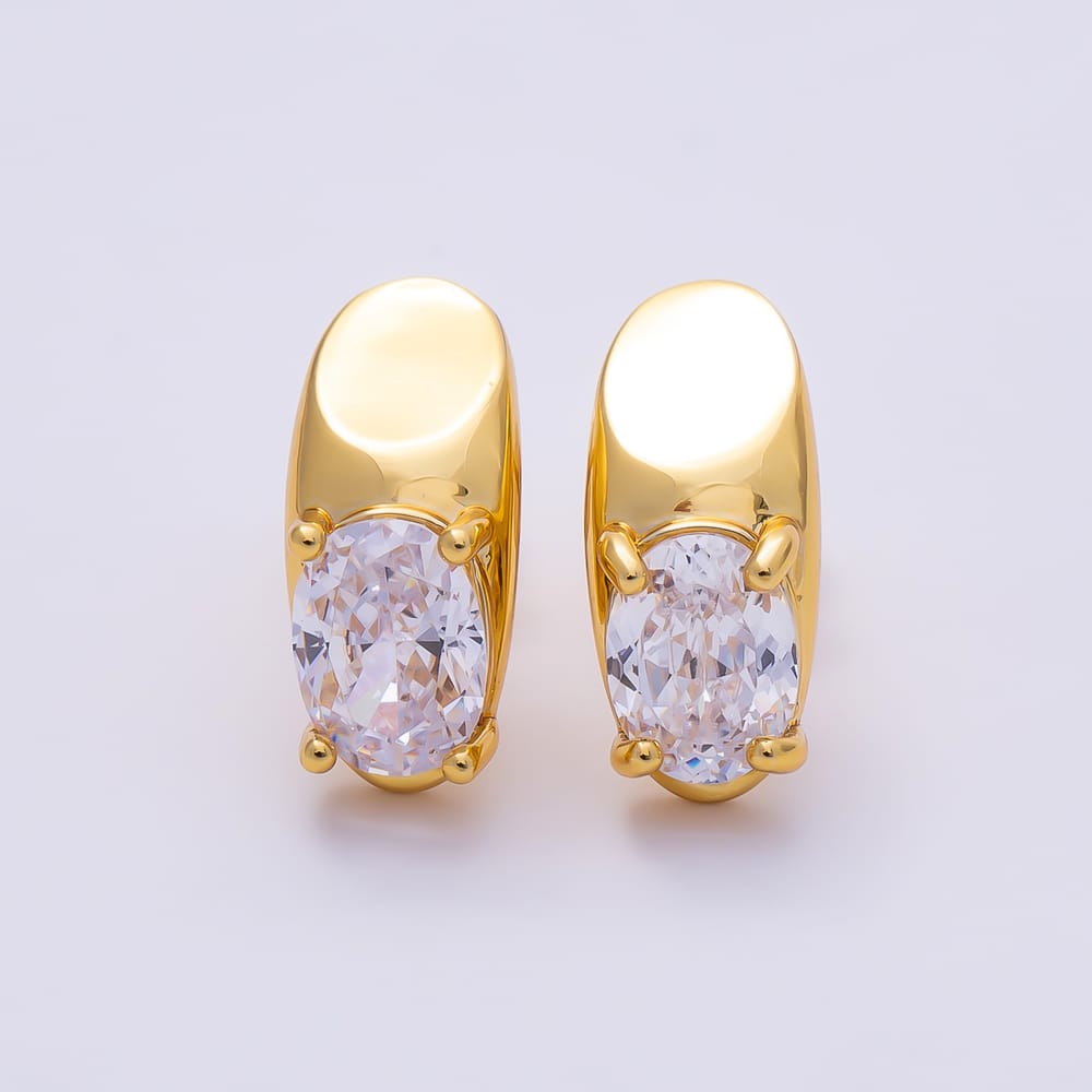 16K Gold Filled 17mm Clear, Purple, Red CZ Oval CZ Geometric J-Shaped Hoop Earrings | Earrings-01060 ~ Earrings-01062