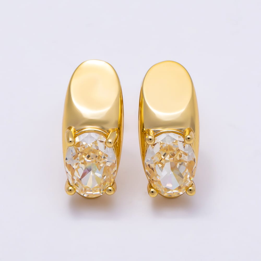 16K Gold Filled 17mm Clear, Purple, Red CZ Oval CZ Geometric J-Shaped Hoop Earrings | Earrings-01060 ~ Earrings-01062
