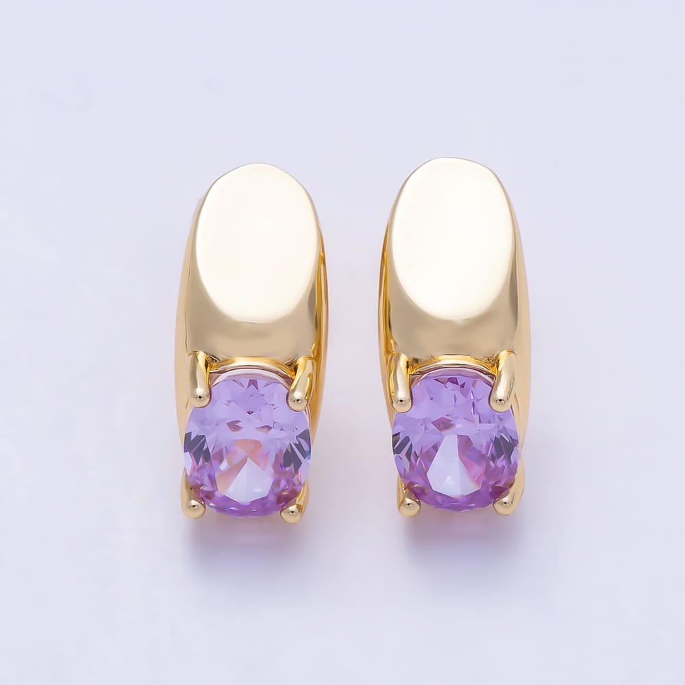 16K Gold Filled 17mm Clear, Purple, Red CZ Oval CZ Geometric J-Shaped Hoop Earrings | Earrings-01060 ~ Earrings-01062