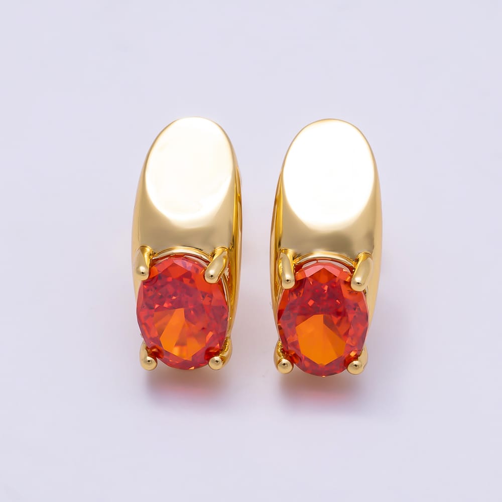 16K Gold Filled 17mm Clear, Purple, Red CZ Oval CZ Geometric J-Shaped Hoop Earrings | Earrings-01060 ~ Earrings-01062