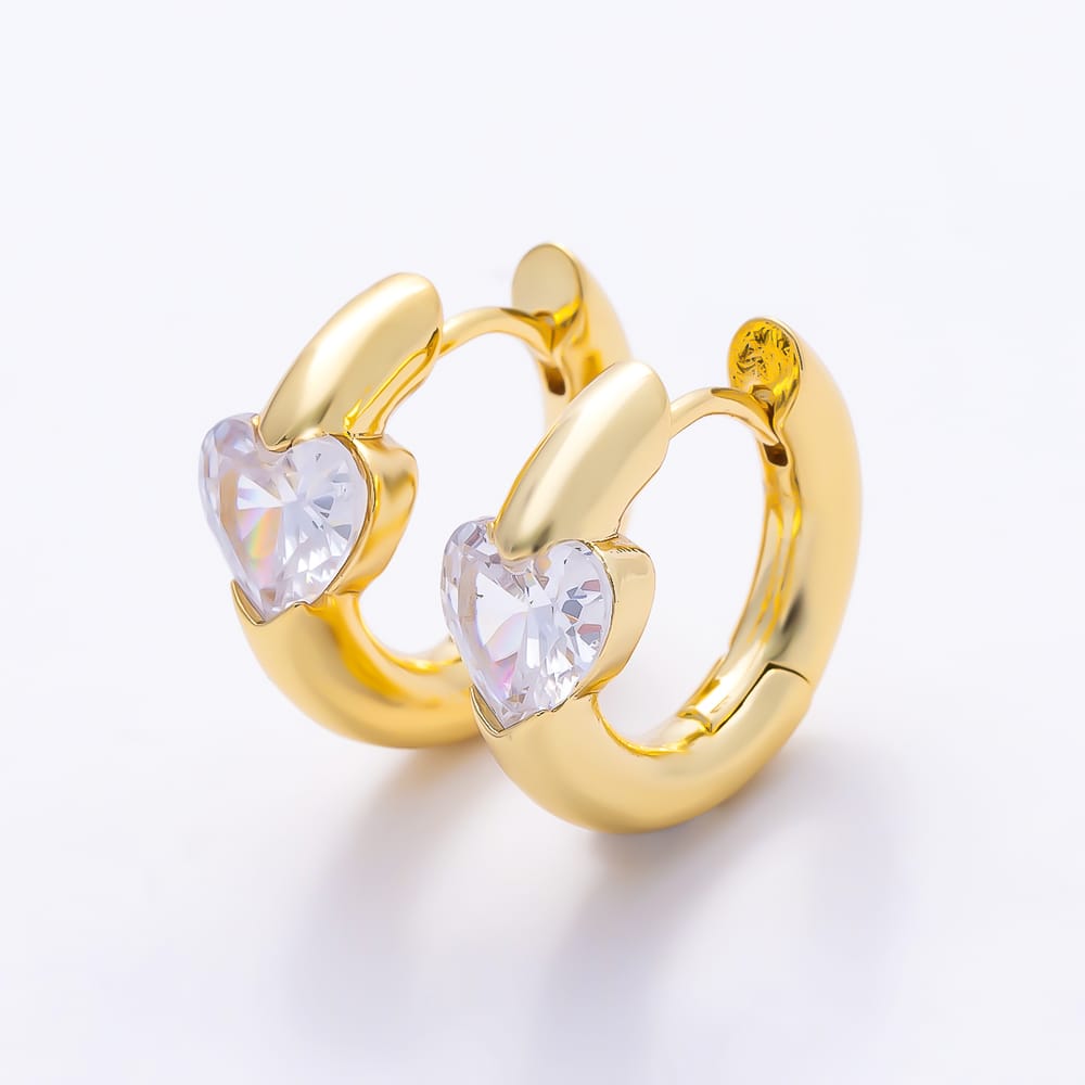 16K Gold Filled 17mm Clear CZ Heart Chubby Cartilage Huggie Earrings | Earrings-01063