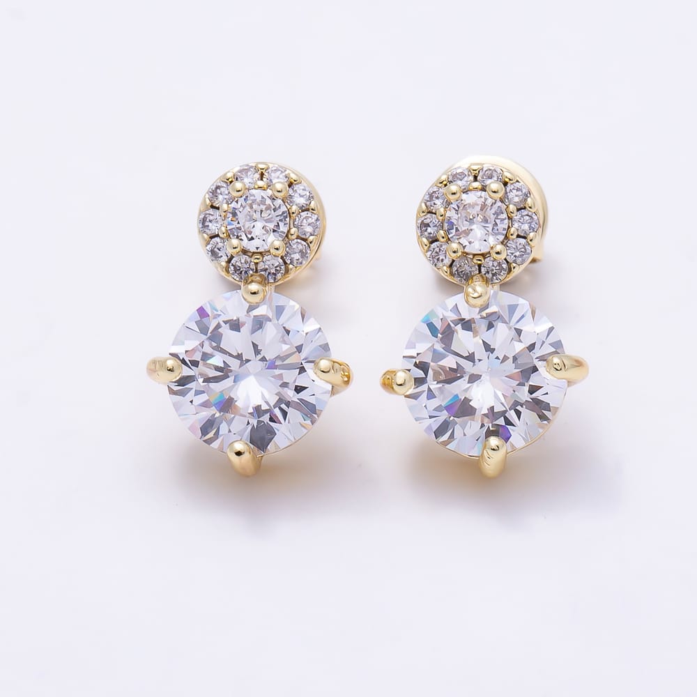 16K Gold Filled 18mm Clear Round Micro Paved CZ Double Drop Stud Earrings in Gold & Silver | Earrings-01064 Earrings-01065