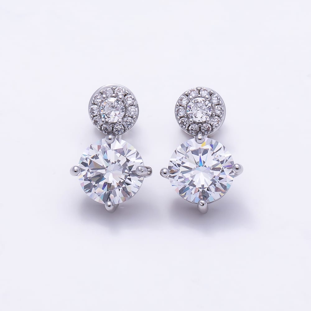 16K Gold Filled 18mm Clear Round Micro Paved CZ Double Drop Stud Earrings in Gold & Silver | Earrings-01064 Earrings-01065