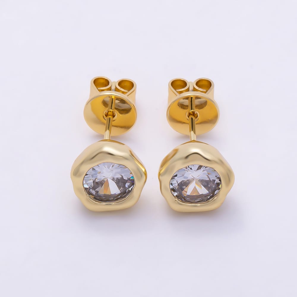 16K Gold Filled 9mm Clear CZ Molten Round Bezel Stud Earrings in Gold & Silver | Earrings-01066 Earrings-01067