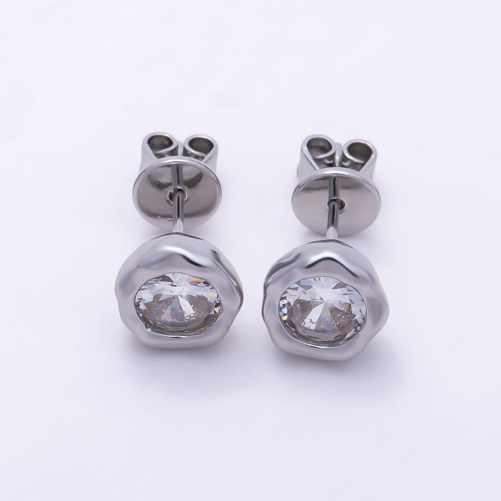 16K Gold Filled 9mm Clear CZ Molten Round Bezel Stud Earrings in Gold & Silver | Earrings-01066 Earrings-01067