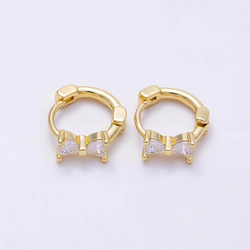 16K Gold Filled 12.5mm Clear, Pink CZ Ribbon Bow Cartilage Huggie in Gold & Silver | Earrings-01068 ~ Earrings-01071
