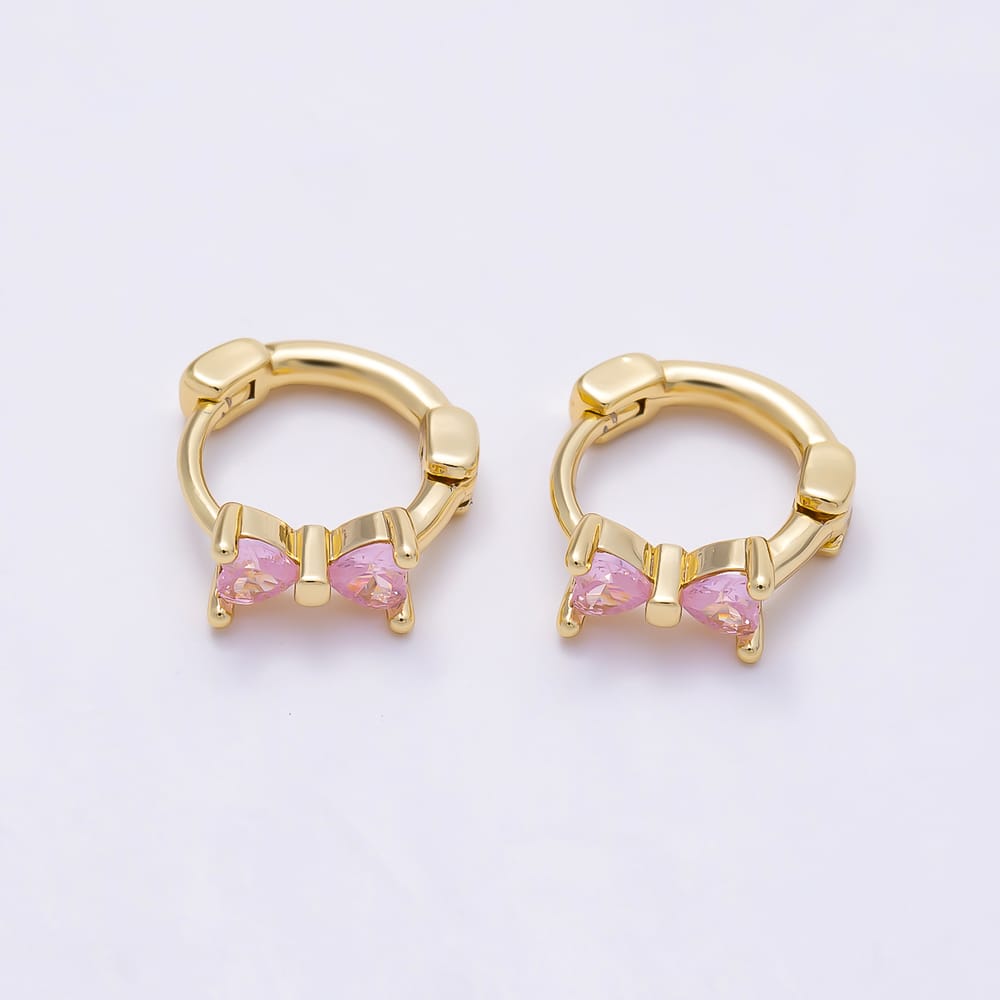 16K Gold Filled 12.5mm Clear, Pink CZ Ribbon Bow Cartilage Huggie in Gold & Silver | Earrings-01068 ~ Earrings-01071