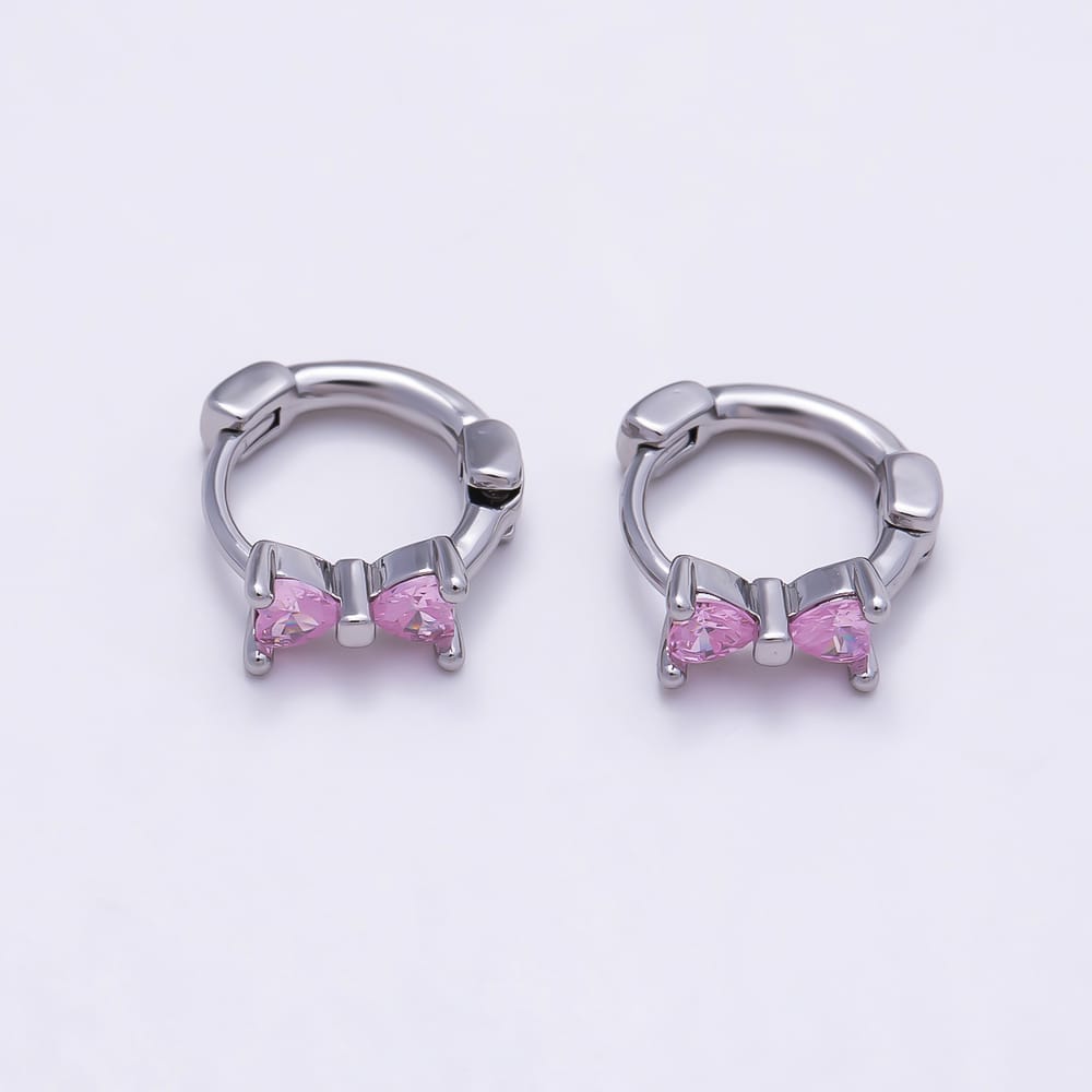 16K Gold Filled 12.5mm Clear, Pink CZ Ribbon Bow Cartilage Huggie in Gold & Silver | Earrings-01068 ~ Earrings-01071