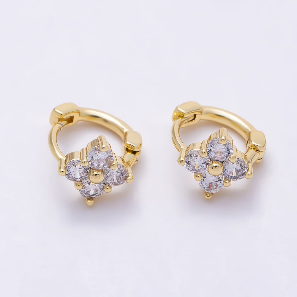 16K Gold Filled 12mm Clear, Pink CZ Clover Flower Huggie Earrings in Gold & Silver | Earrings-01072 ~ Earrings-01075