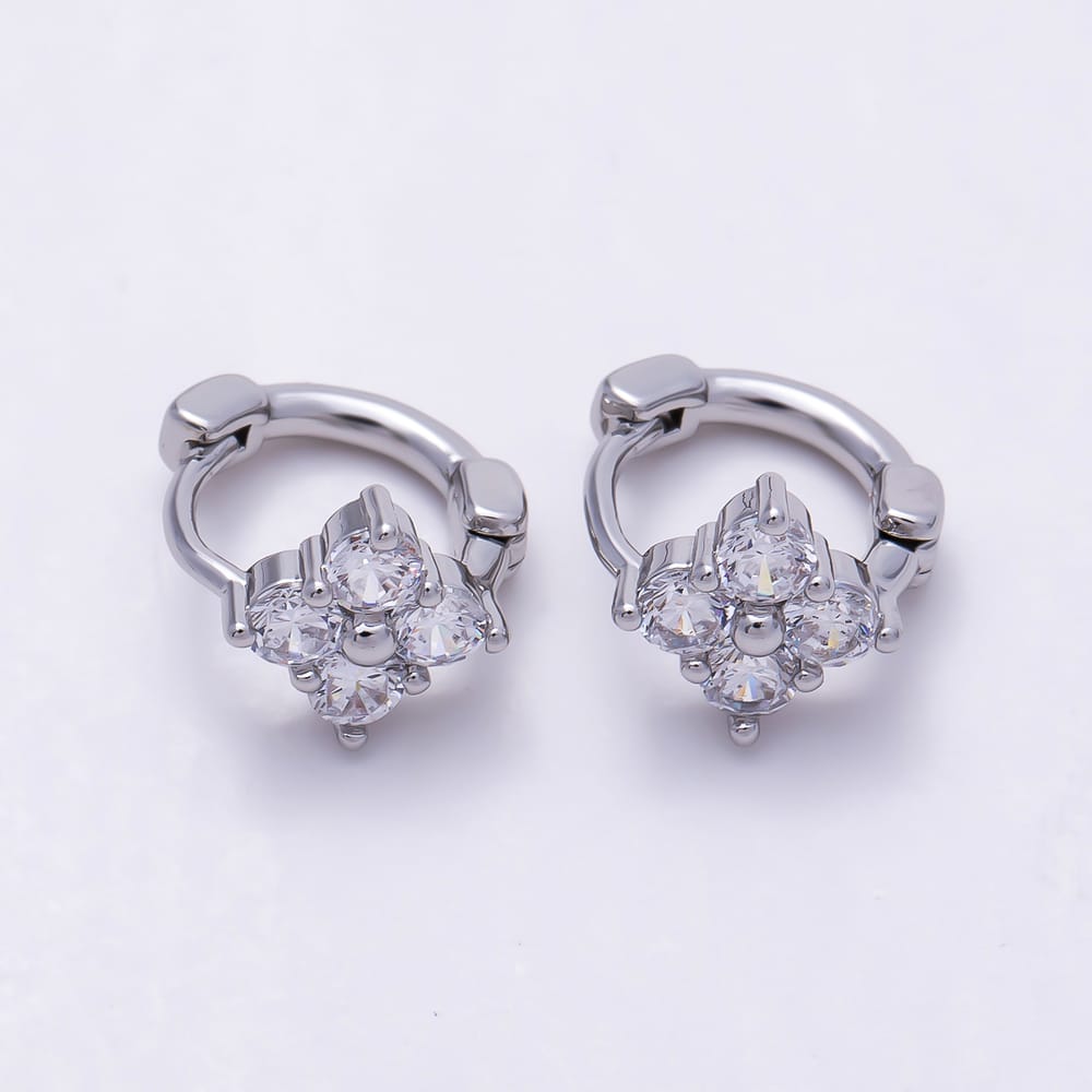 16K Gold Filled 12mm Clear, Pink CZ Clover Flower Huggie Earrings in Gold & Silver | Earrings-01072 ~ Earrings-01075
