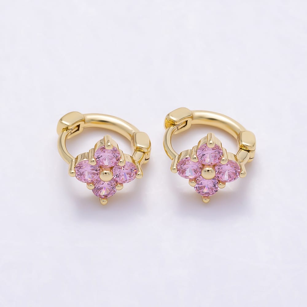 16K Gold Filled 12mm Clear, Pink CZ Clover Flower Huggie Earrings in Gold & Silver | Earrings-01072 ~ Earrings-01075