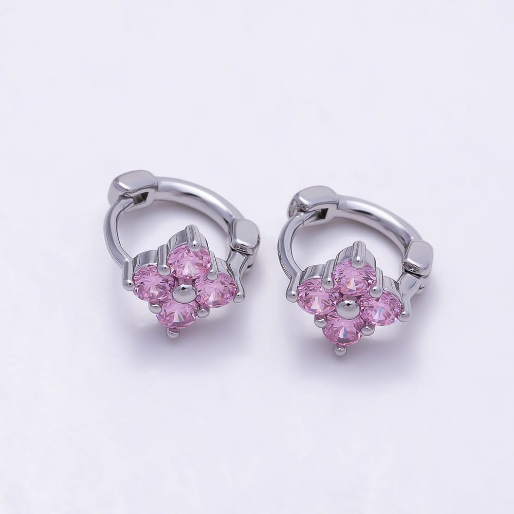 16K Gold Filled 12mm Clear, Pink CZ Clover Flower Huggie Earrings in Gold & Silver | Earrings-01072 ~ Earrings-01075