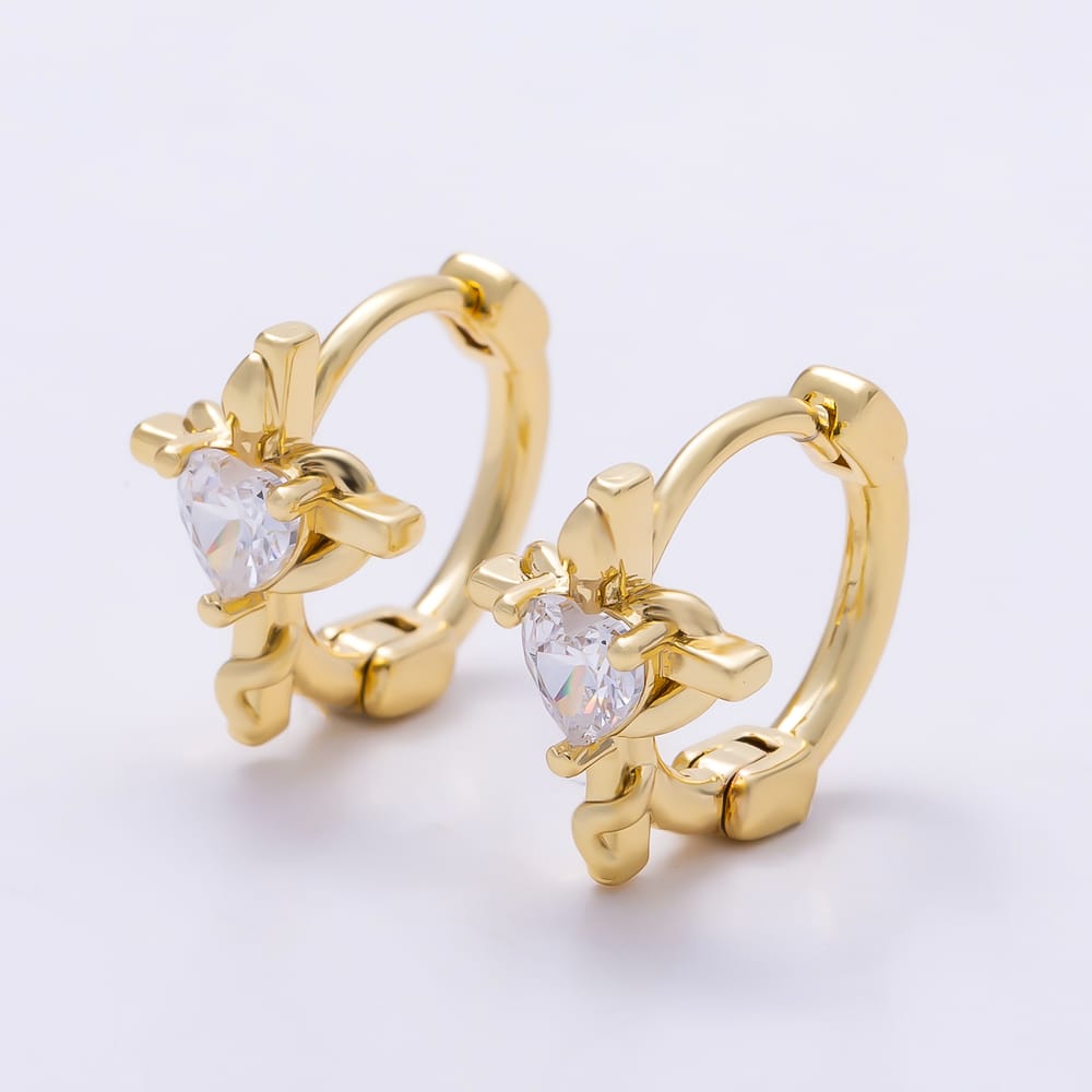 16K Gold Filled 14mm Clear CZ Sacred Heart Cross Religious Cartilage Huggie in Gold & Silver | Earrings-01080 Earrings-01081