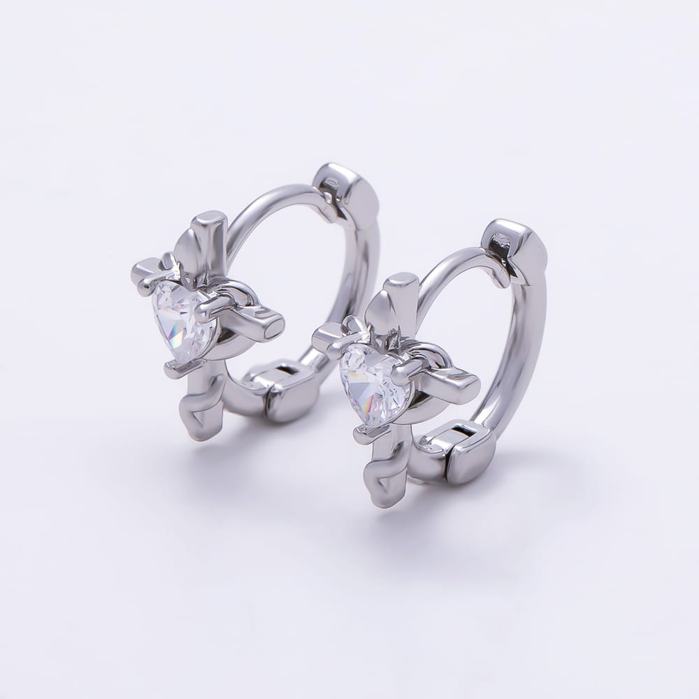 16K Gold Filled 14mm Clear CZ Sacred Heart Cross Religious Cartilage Huggie in Gold & Silver | Earrings-01080 Earrings-01081