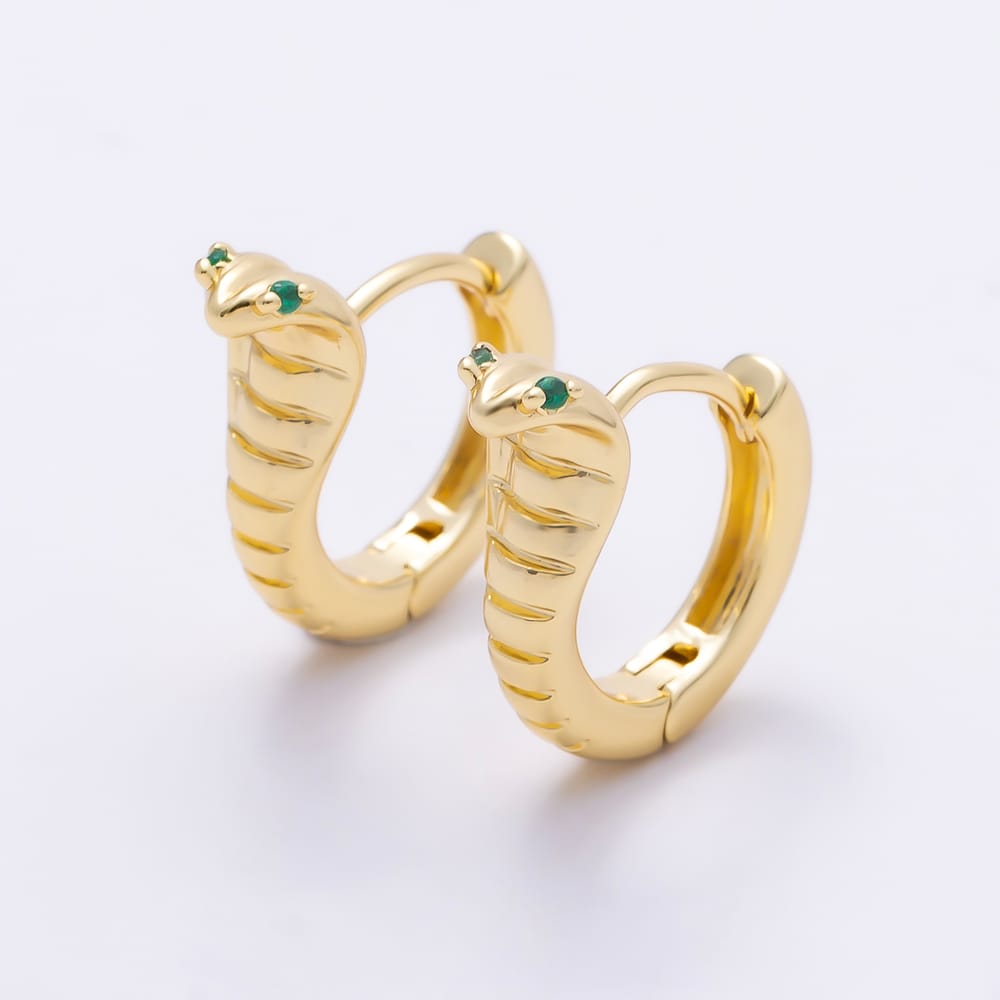 16K Gold Filled 16mm Green CZ Serpent Snake Cartilage Huggie Earrings in Gold & Silver | Earrings-01084 Earrings-01085