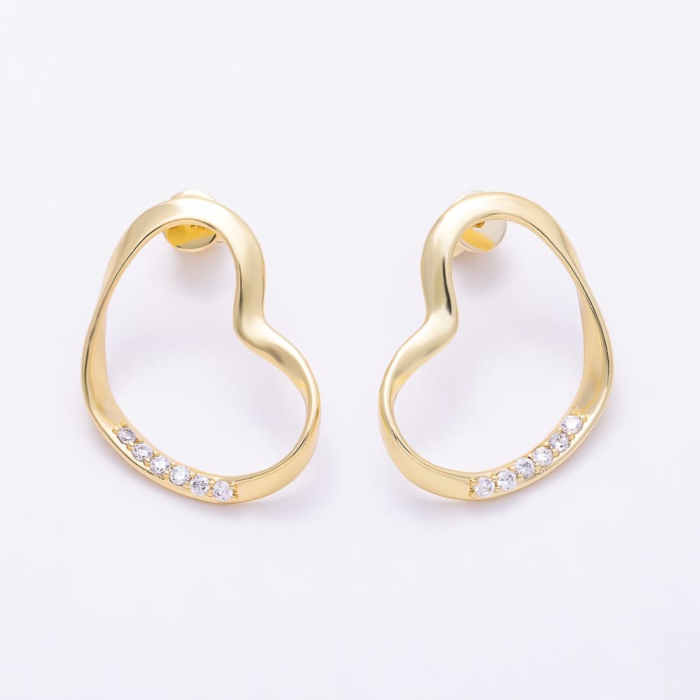 16K Gold Filled 30mm Micro Paved CZ Open Geometric Heart Stud Earrings | Earrings-01087