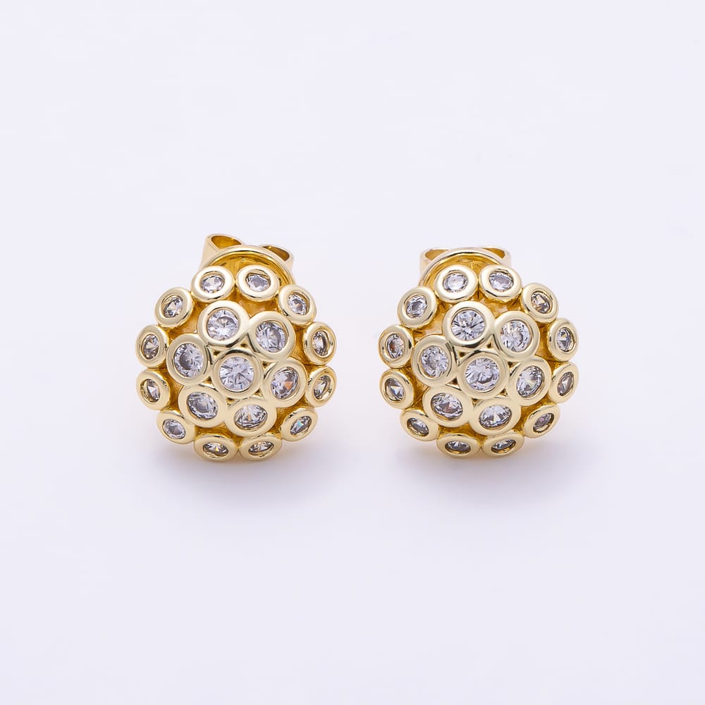 16K Gold Filled 11.5mm Clear CZ Round Bezel Dome Round Stud Earrings | Earrings-01088