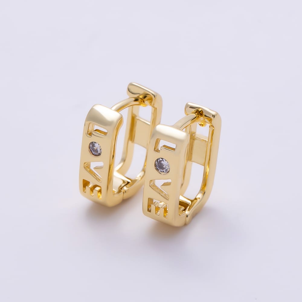 16K Gold Filled 12mm Clear CZ "LOVE" Open Rectangle U-Shaped Cartilage Huggie Earrings | Earrings-01089
