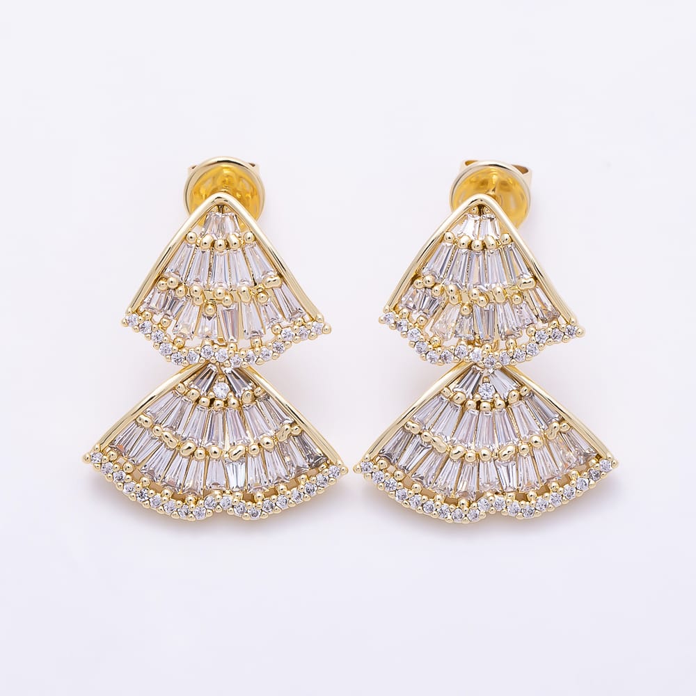 16K Gold Filled 24mm Baguette Micro Paved CZ Double Fan Drop Stud Earrings | Earrings-01091