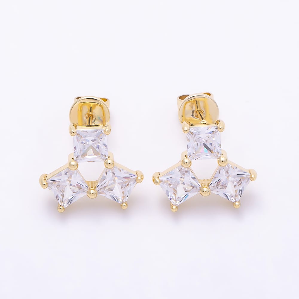 16K Gold Filled 13mm Clear CZ Rhombus Triple Cluster Stud Earrings | Earrings-01092