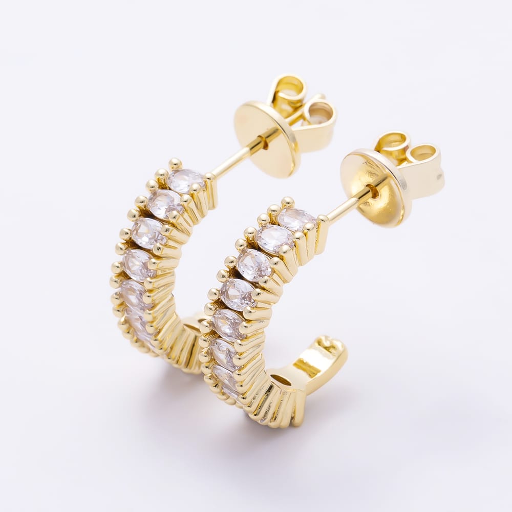 16K Gold Filled 16mm Clear CZ Oval Lined C-Shaped Hoop Earrings | Earrings-01094