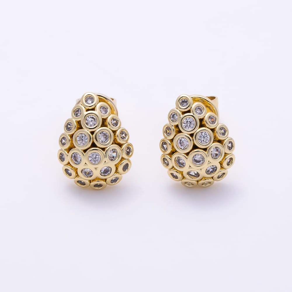 16K Gold Filled 13mm Clear CZ Round Bezel Dome Teardrop Stud Earrings | Earrings-01095