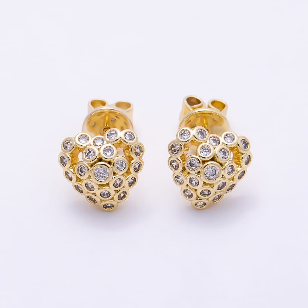 16K Gold Filled 10mm Clear CZ Round Bezel Dome Heart Stud Earrings | Earrings-01096