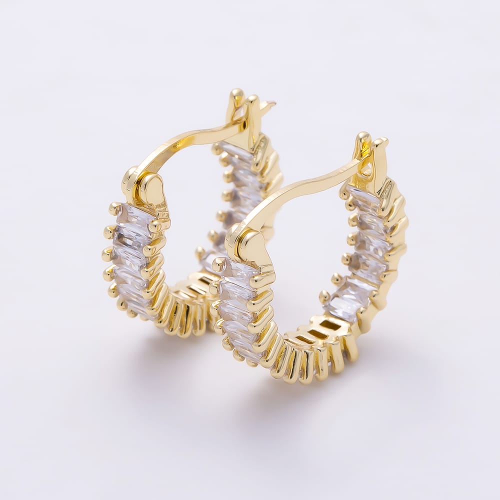 16K Gold Filled 17mm Baguette CZ Lined Front Facing Latch Hoop Earrings | Earrings-01098