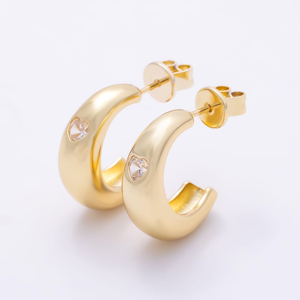 16K Gold Filled 24mm Clear CZ Heart Dome C-Shaped Hoop Earrings | Earrings-01100