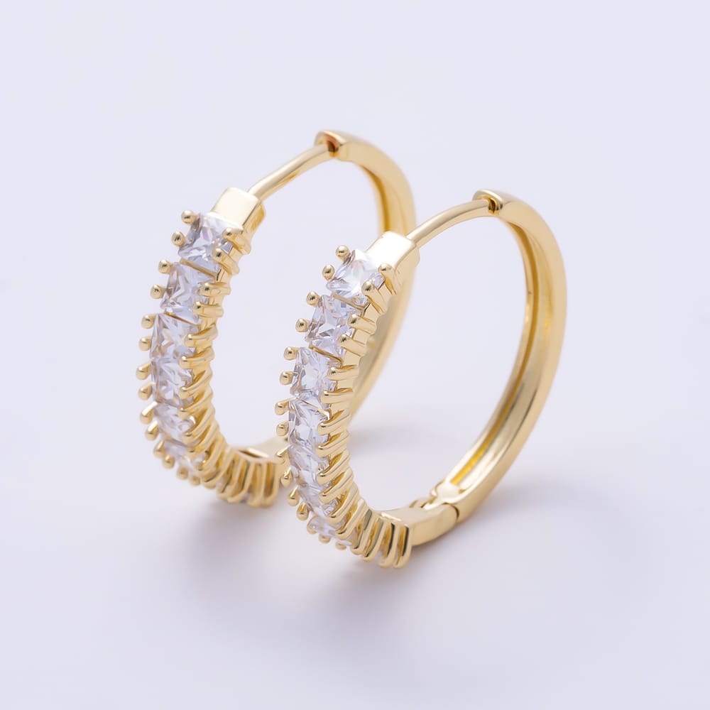 16K Gold Filled 24mm Baguette Square CZ Lined Hoop Earrings | Earrings-01101