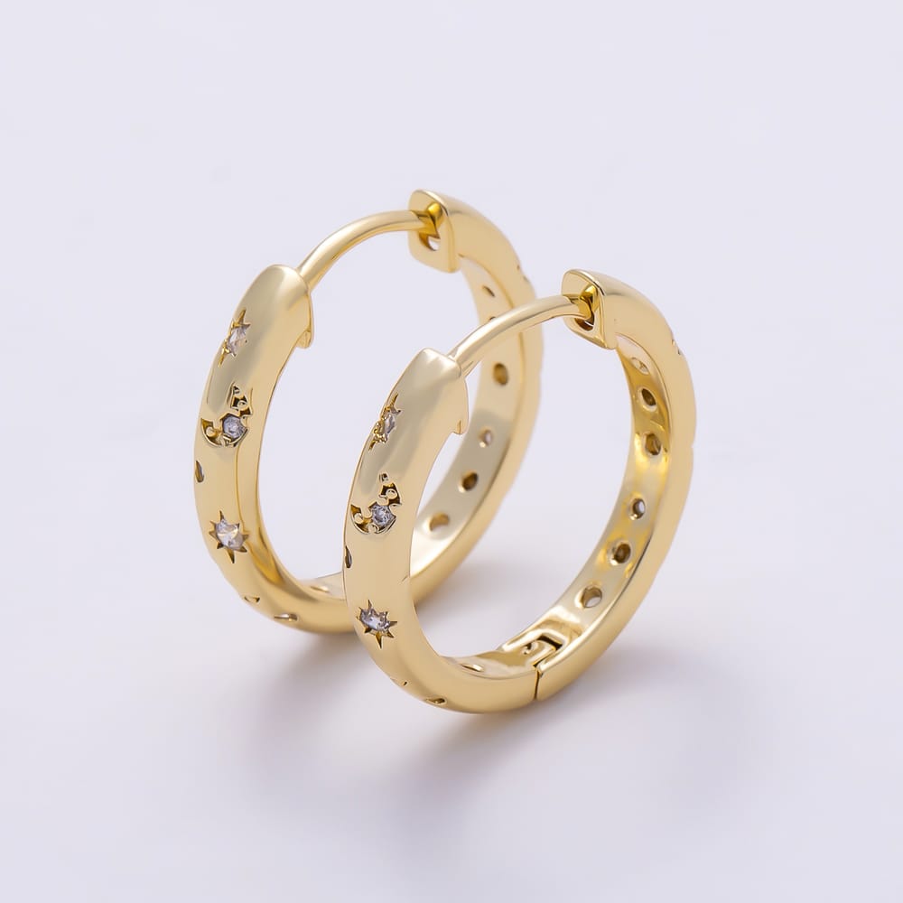 16K Gold Filled 20mm Celestial Star CZ Dotted Huggie Hoop Earrings | Earrings-01104