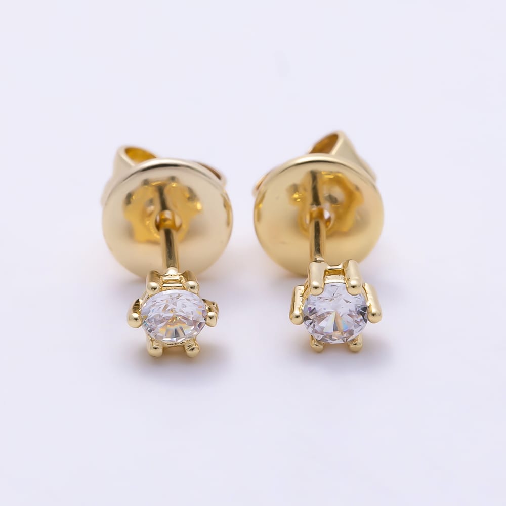 16K Gold Filled 4mm Clear CZ Round Solitaire Stud Earrings | Earrings-01108