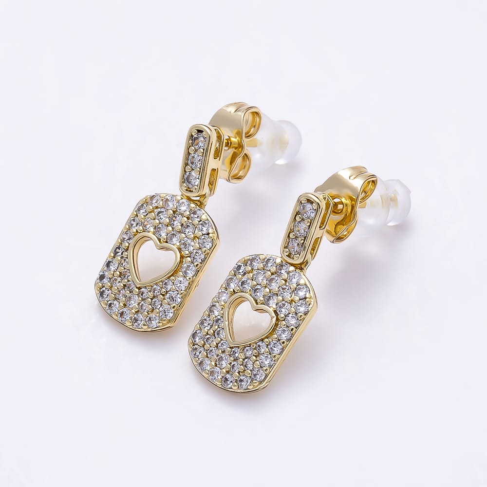 14K Gold Filled 19mm Open Heart Micro Paved CZ Tag  Rectangle Drop Stud | Earrings-01110