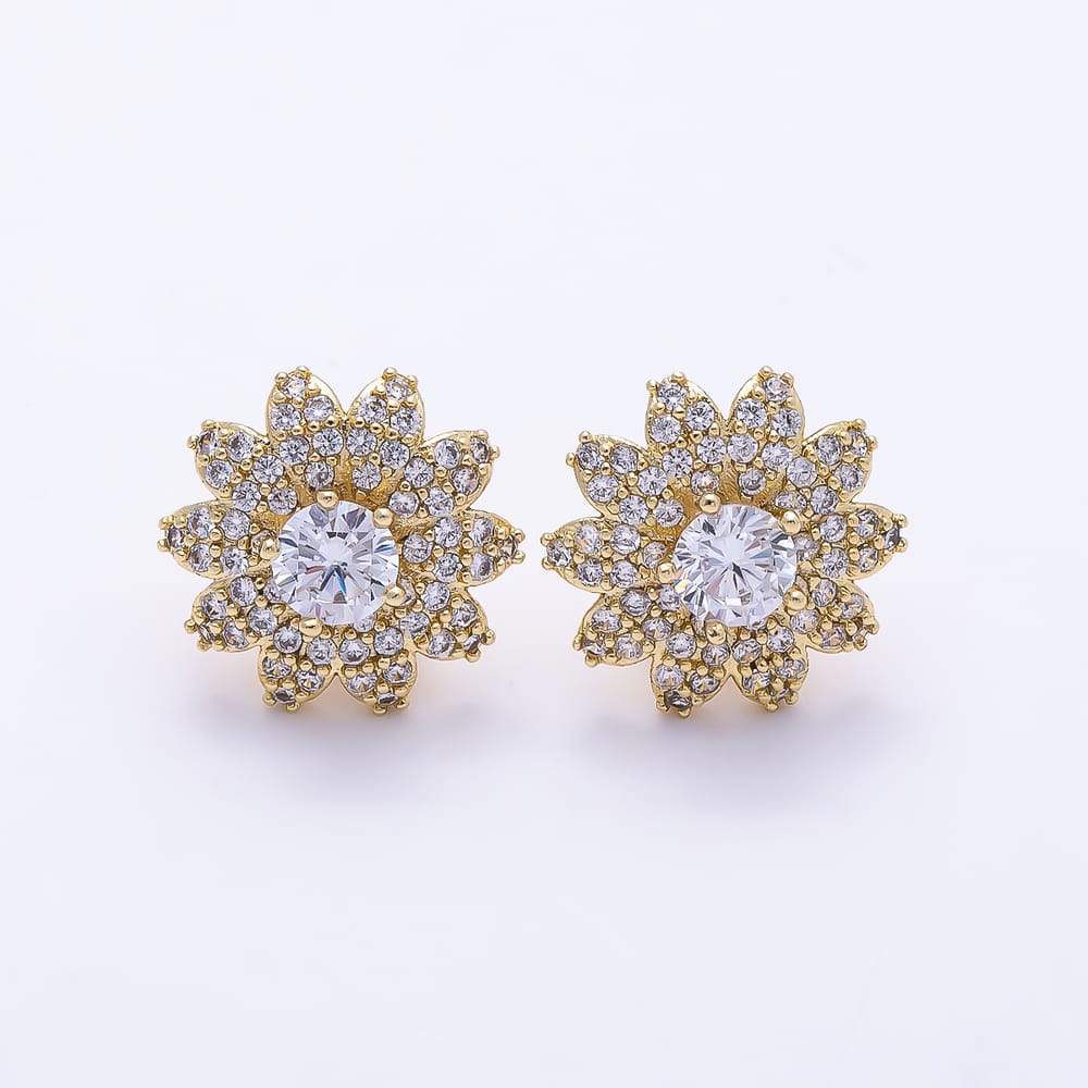 16K Gold Filled 15mm Clear Micro Paved CZ Flower Stud Earrings | Earrings-01111