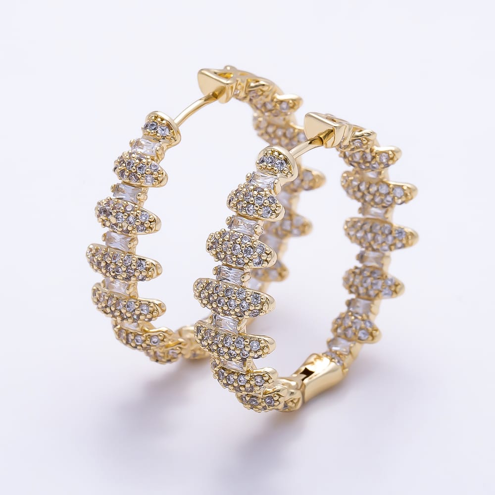 14K Gold Filled 30mm Baguette Micro Paved Lined Geometric Hoop Earrings | Earrings-01119