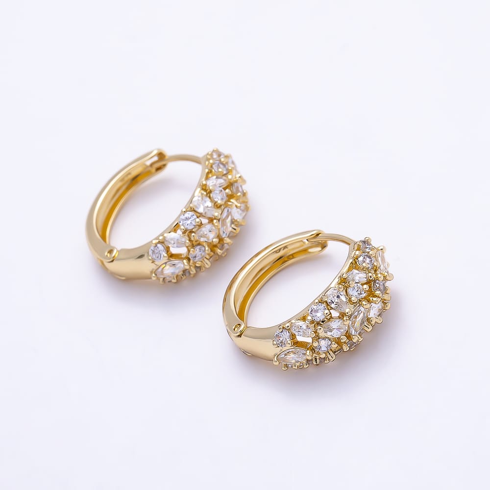 14K Gold Filled 20mm Clear CZ Marquise Round Cluster Dome Huggie Hoop Earrings | Earrings-01120
