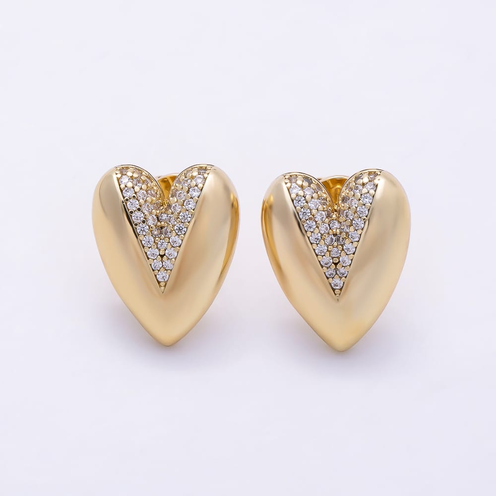 14K Gold Filled 16mm Micro Paved CZ Dome Chubby Heart Stud Earrings | Earrings-01123