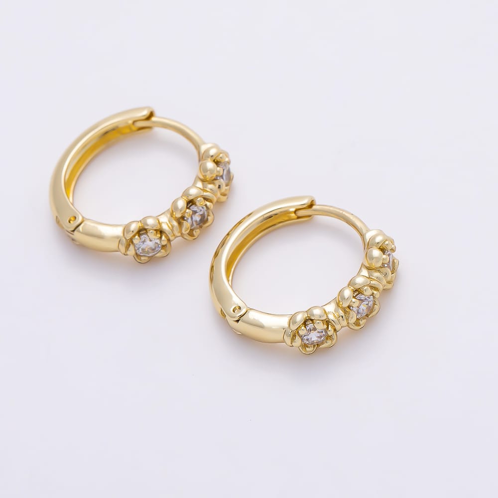 14K Gold Filled 15mm Clear Round CZ Triple Flower Huggie Earrings | Earrings-01126