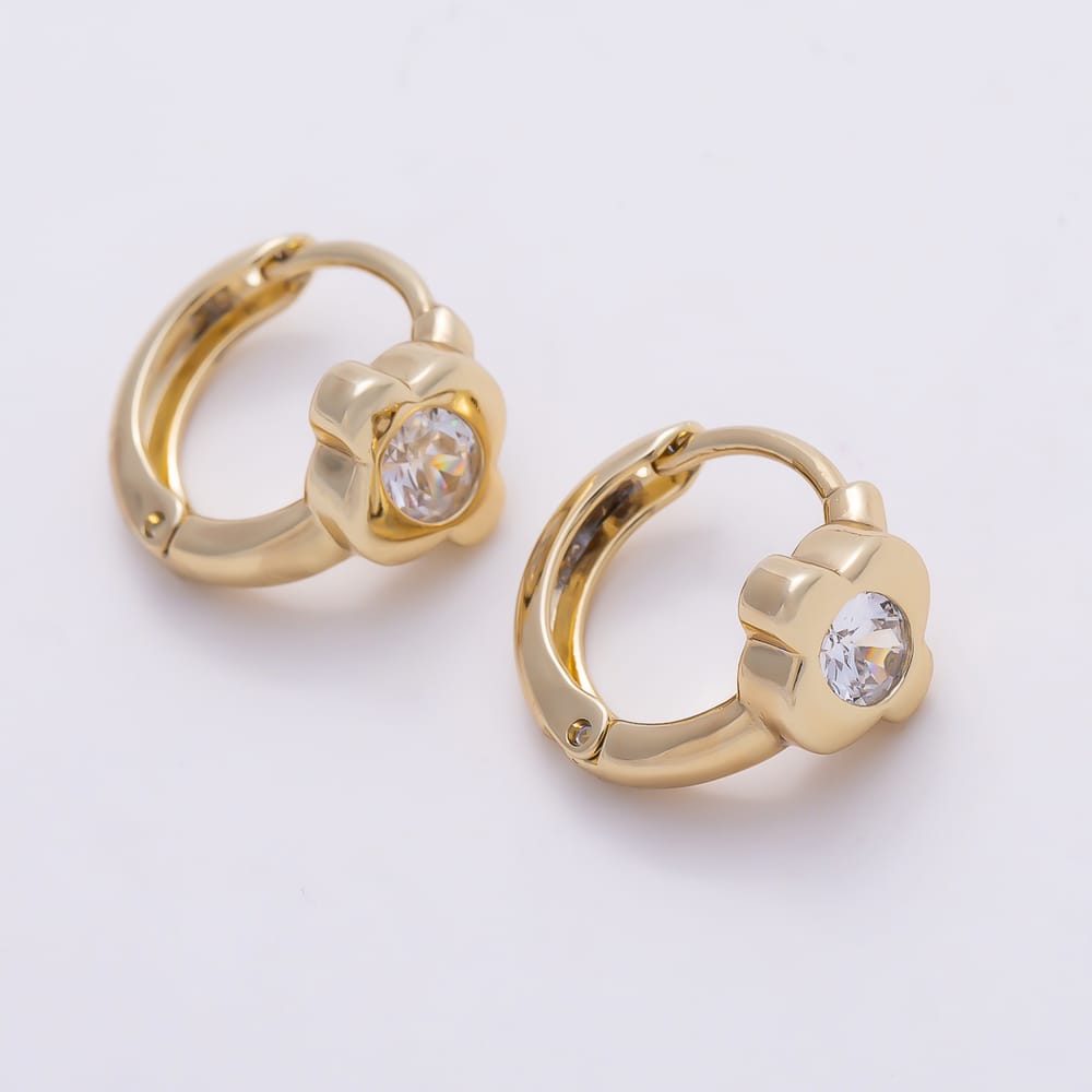 14K Gold Filled 13mm Clear CZ Round Bezel Flower Huggie Earrings | Earrings-01128
