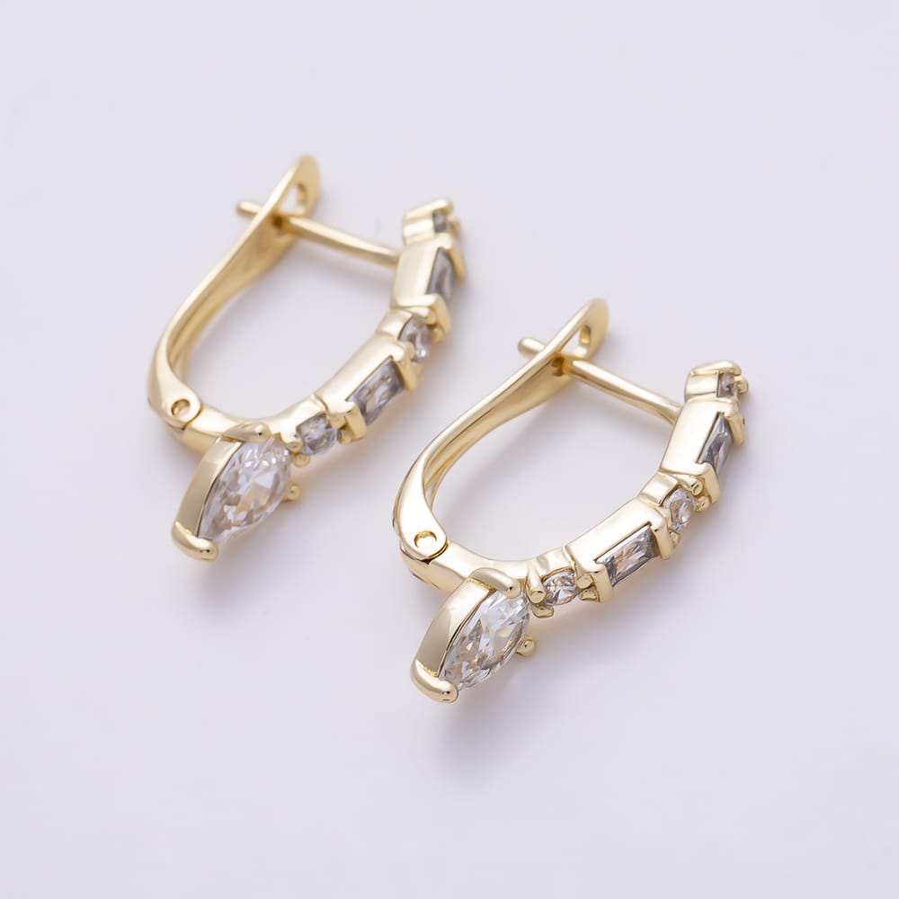14K Gold Filled 21.5mm Clear CZ Round Baguette Heart Drop English Lock Hoop Earrings | Earrings-01130
