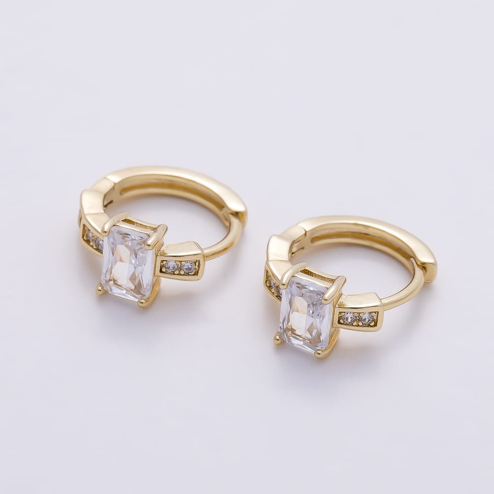 14K Gold Filled 12mm Clear Baguette Micro Paved CZ Solitaire Huggie Earrings | Earrings-01131