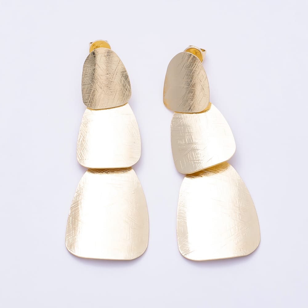 16K Gold Filled 62mm Triple Lined Textured Geometric Drop Earrings | Earrings-01139
