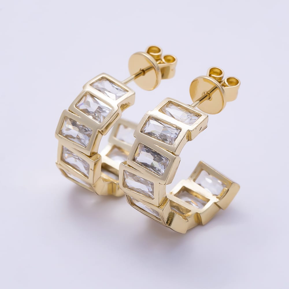 14K Gold Filled 21mm Clear CZ Baguette Bezel C-Shaped Hoop Earrings | Earrings-01144
