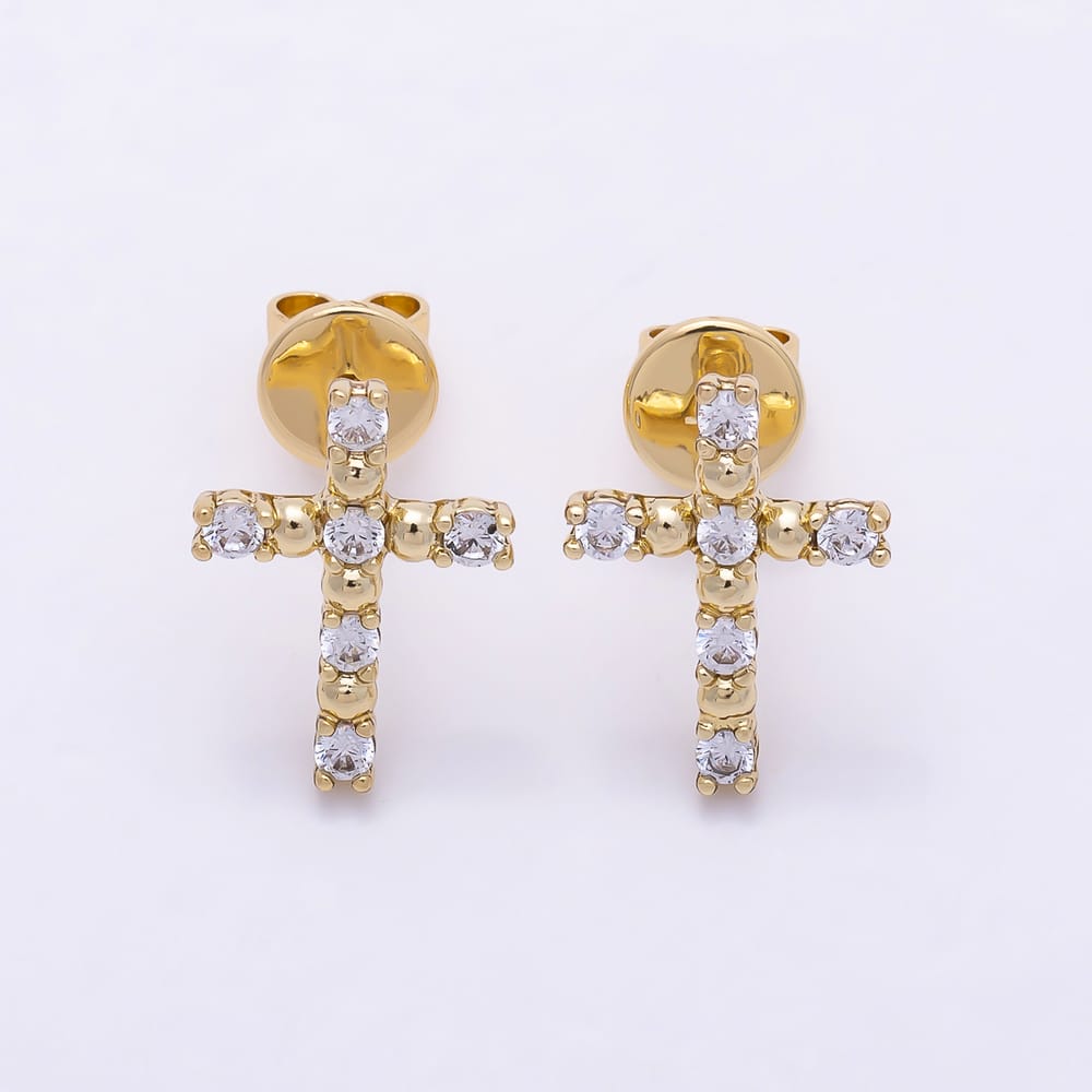 14K Gold Filled 15mm Clear CZ Round Bead Religious Cross Stud Earrings | Earrings-01149