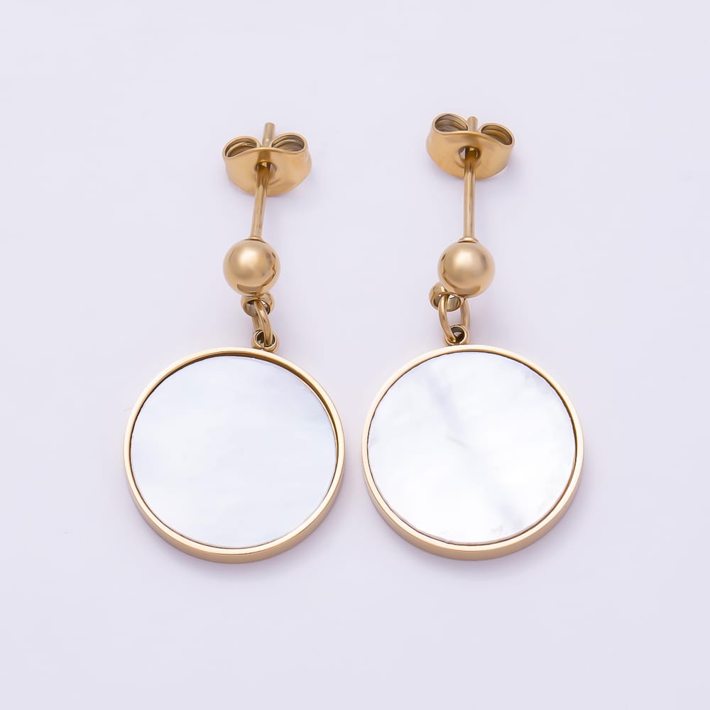 Stainless Steel 24mm Shell Pearl Round Ball Bezel Drop Stud Earrings | Earrings-01151