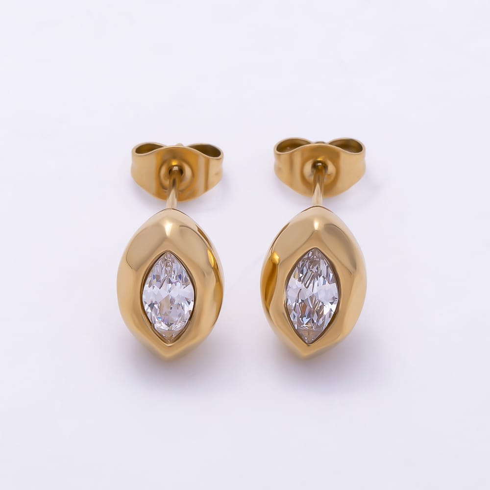 Stainless Steel 11mm Clear CZ Marquise Geometric Molten Bezel Mini Stud | Earrings-01152